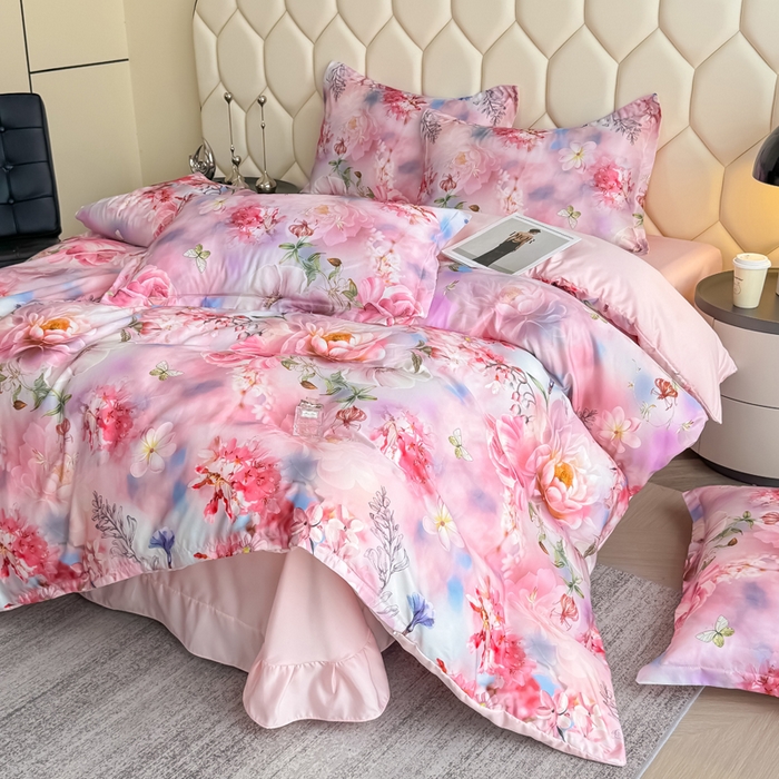 91家纺网 家纺一手货源 找家纺 优纤家纺 2025新款水洗真丝四件套 秘境花庭