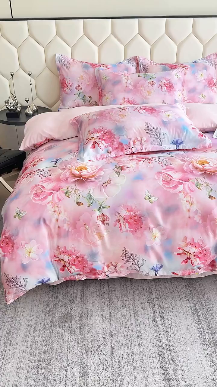 91家纺网 家纺一手货源 找家纺 优纤家纺 2025新款水洗真丝四件套 秘境花庭