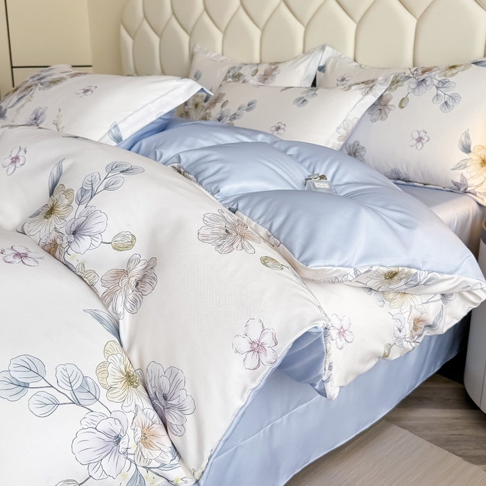 91家纺网 家纺一手货源 找家纺 优纤家纺 2025新款水洗真丝四件套 小兰花