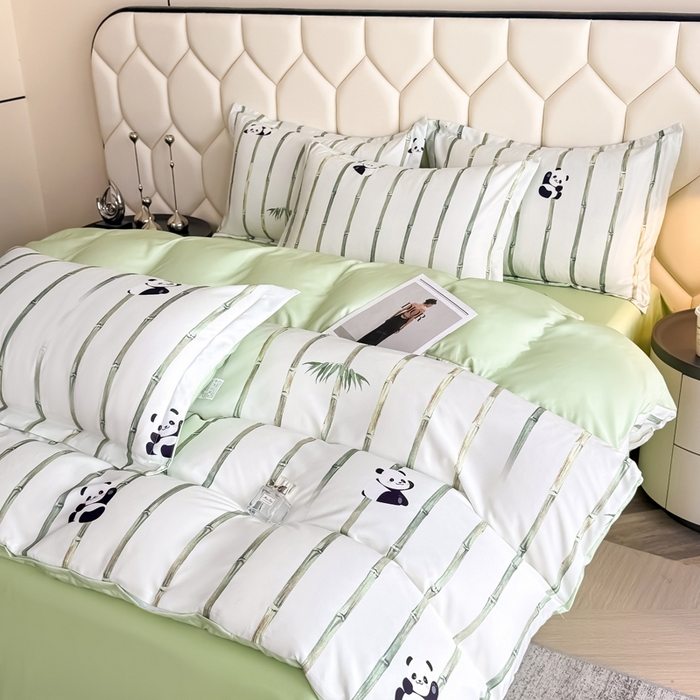 91家纺网 家纺一手货源 找家纺 优纤家纺 2025新款水洗真丝四件套 熊猫报竹