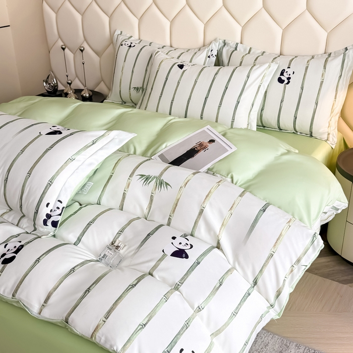 91家纺网 家纺一手货源 找家纺 优纤家纺 2025新款水洗真丝四件套 熊猫报竹