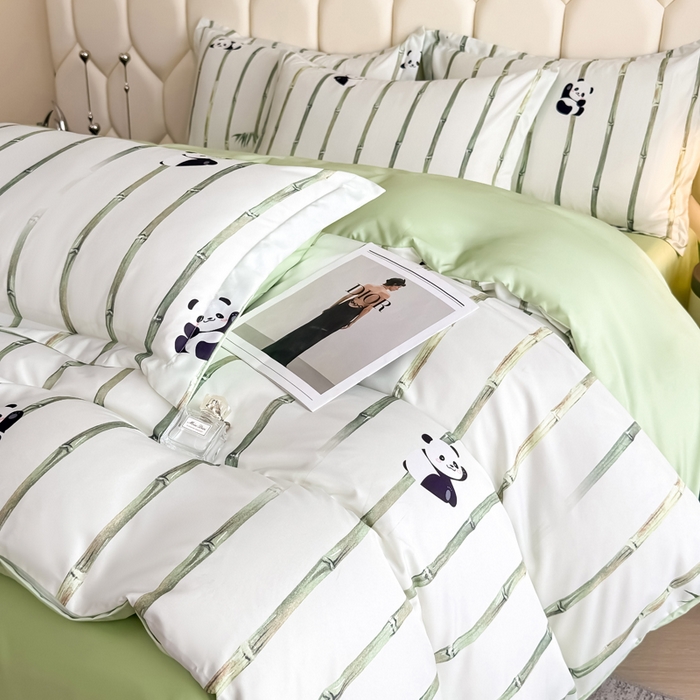 91家纺网 家纺一手货源 找家纺 优纤家纺 2025新款水洗真丝四件套 熊猫报竹