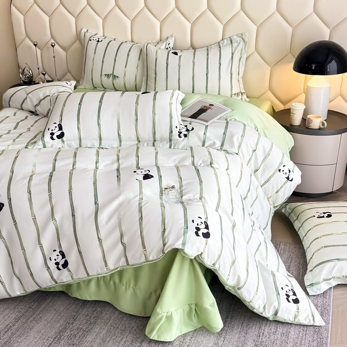 91家纺网 家纺一手货源 找家纺 优纤家纺 2025新款水洗真丝四件套 熊猫报竹