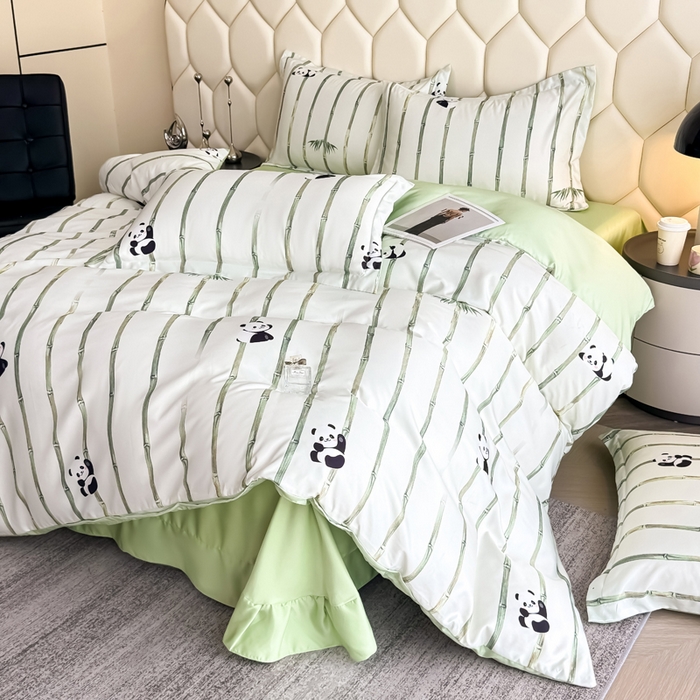 91家纺网 家纺一手货源 找家纺 优纤家纺 2025新款水洗真丝四件套 熊猫报竹