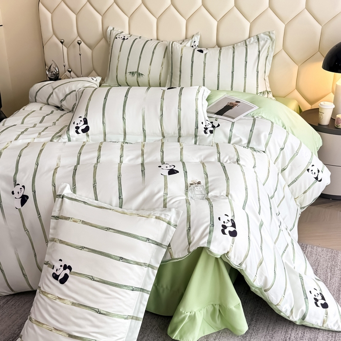 91家纺网 家纺一手货源 找家纺 优纤家纺 2025新款水洗真丝四件套 熊猫报竹