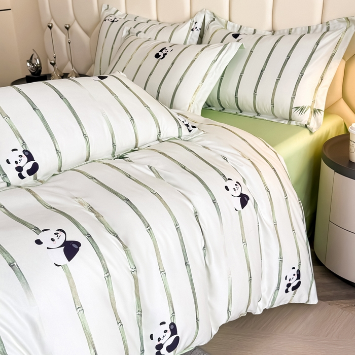 91家纺网 家纺一手货源 找家纺 优纤家纺 2025新款水洗真丝四件套 熊猫报竹