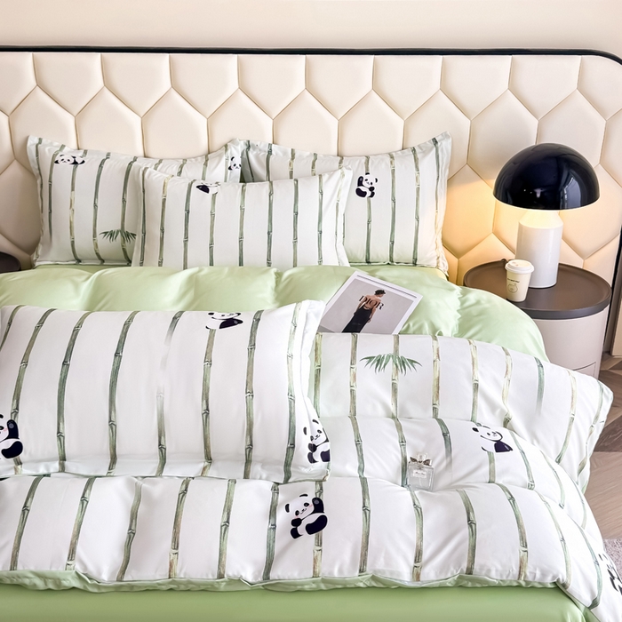 91家纺网 家纺一手货源 找家纺 优纤家纺 2025新款水洗真丝四件套 熊猫报竹