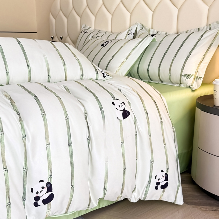 91家纺网 家纺一手货源 找家纺 优纤家纺 2025新款水洗真丝四件套 熊猫报竹