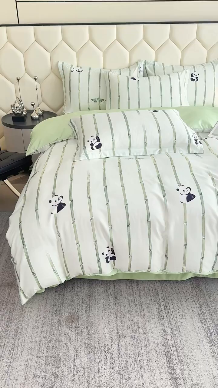 91家纺网 家纺一手货源 找家纺 优纤家纺 2025新款水洗真丝四件套 熊猫报竹