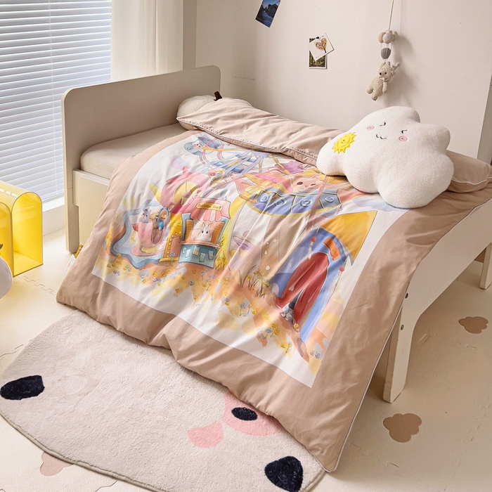 91家纺网 家纺一手货源 找家纺 梵赫 2025新款卡通全棉A类夹棉两用幼儿园儿童夏被被套 摩天轮-黄