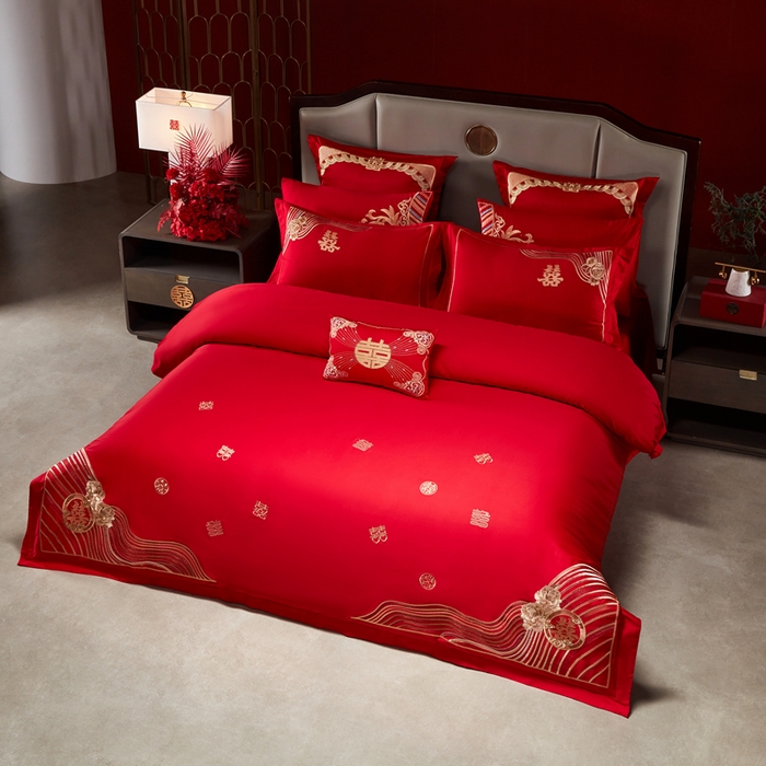 91家纺网 家纺一手货源 找家纺 振翼家纺婚庆专供 2025新款全棉长绒棉婚庆精致绣花四件套 喜相连金