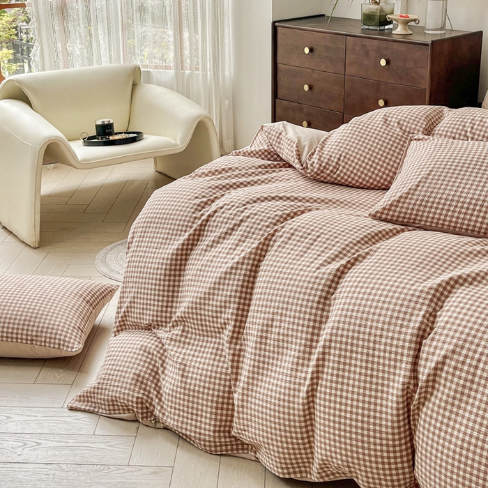 91家纺网 家纺一手货源 找家纺 优米家纺 2025新款色织双层纱木棉四件套 卡其小格