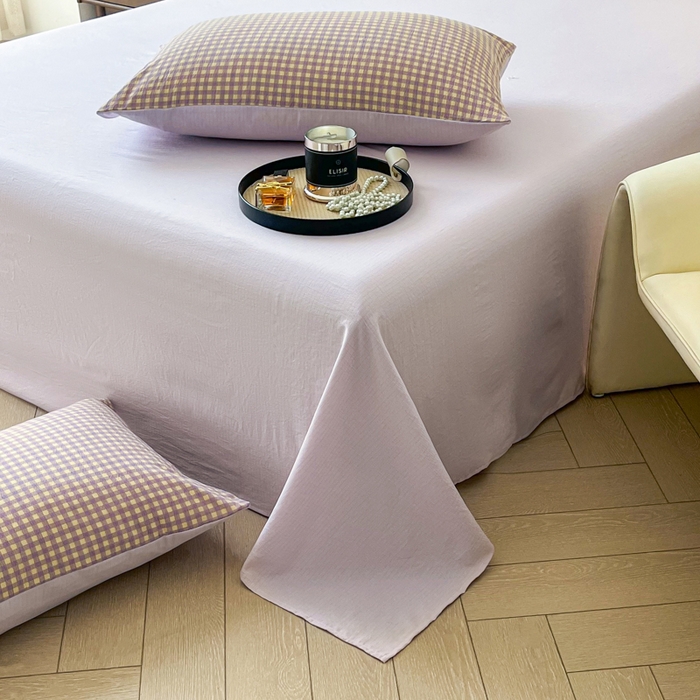 91家纺网 家纺一手货源 找家纺 优米家纺 2025新款色织双层纱木棉四件套 薰衣草紫+浅黄