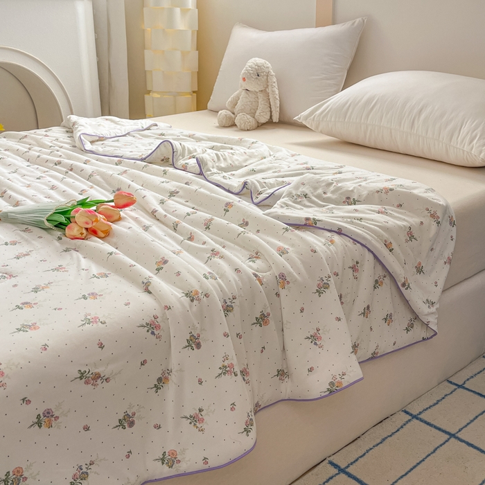 91家纺网 家纺一手货源 找家纺 龙图家纺 2025新款A类母婴针织棉夏被印花卡通凉感丝夏凉被空调被 花千朵