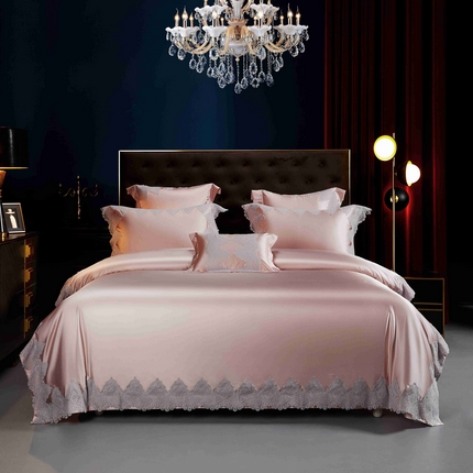 91家纺网 家纺一手货源 找家纺 缔缦 2025新款高端居家轻奢系列AB版真丝棉长绒棉维蜜之恋 粉四件套