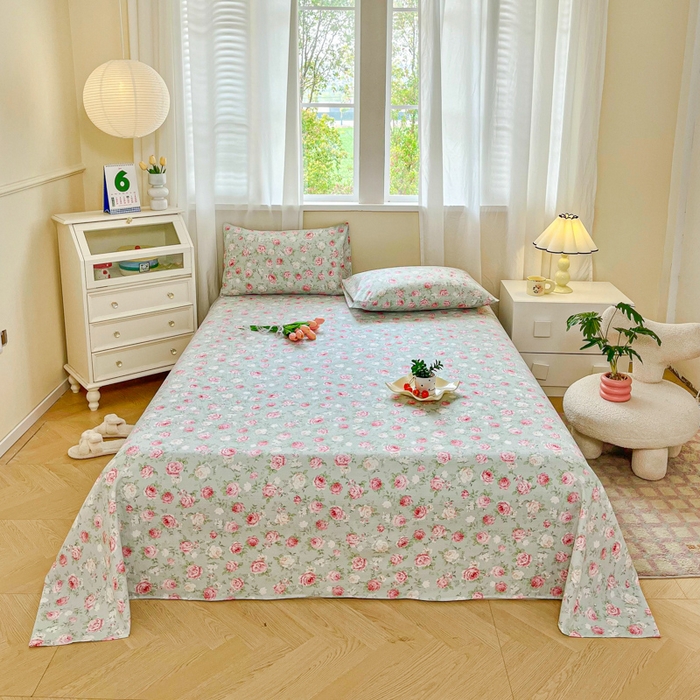 91家纺网 家纺一手货源 找家纺 优米家纺 2025新款ins小清新双层纱印花床单 牡丹花开