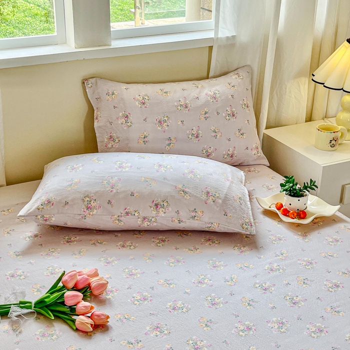 91家纺网 家纺一手货源 找家纺 优米家纺 2025新款ins小清新双层纱印花床单 罗曼花园