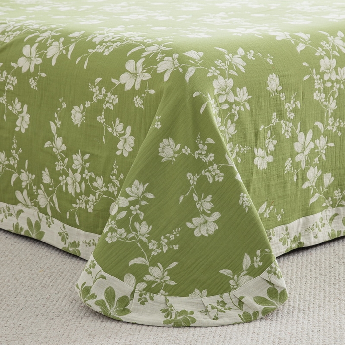 91家纺网 家纺一手货源 找家纺 鲁爱家纺供货 2025新款全棉色织双层纱纽扣四件套 喜上眉梢-绿