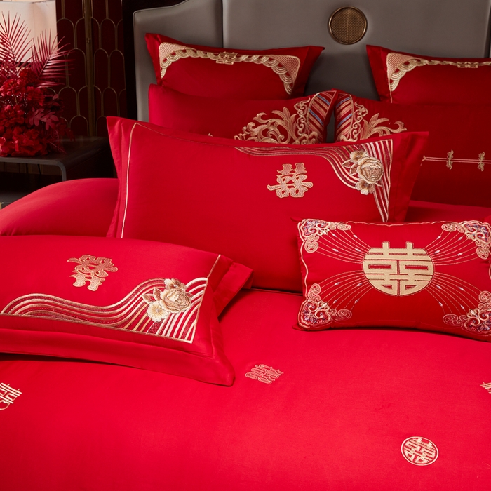 91家纺网 家纺一手货源 找家纺 振翼家纺婚庆专供 2025新款全棉长绒棉婚庆精致绣花四件套 喜相连金