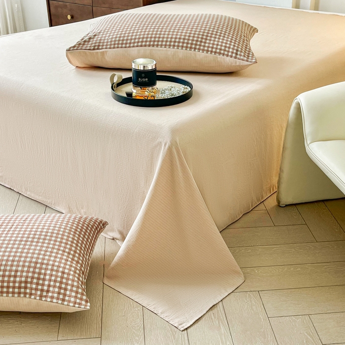 91家纺网 家纺一手货源 找家纺 优米家纺 2025新款色织双层纱木棉四件套 奶咖小格