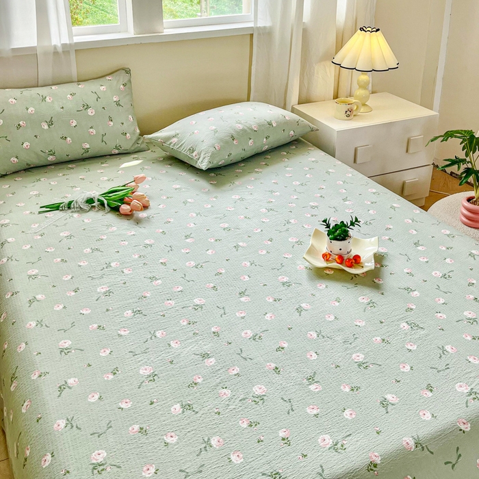 91家纺网 家纺一手货源 找家纺 优米家纺 2025新款ins小清新双层纱印花床单 午后蔷薇