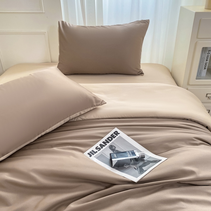 91家纺网 家纺一手货源 找家纺 乐沐家纺 2024新款夏季水洗冰丝四件套水洗真丝纯色双拼单被套-风格二 咖棕奶茶