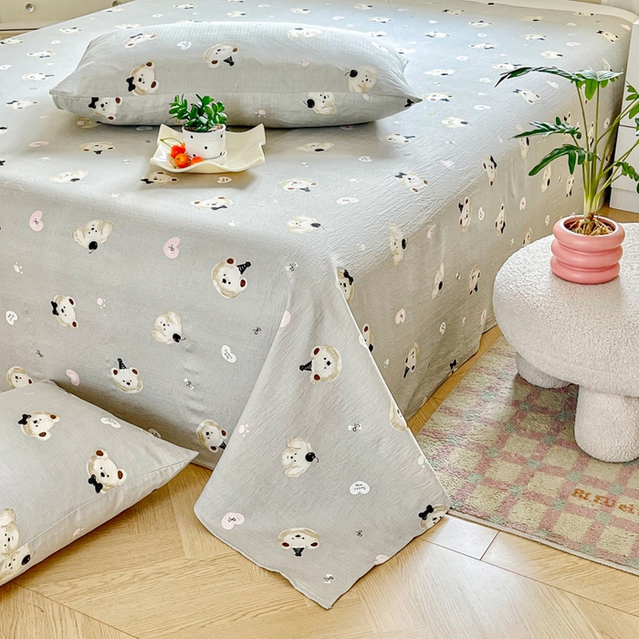 91家纺网 家纺一手货源 找家纺 优米家纺 2025新款ins小清新双层纱印花床单 爱心熊