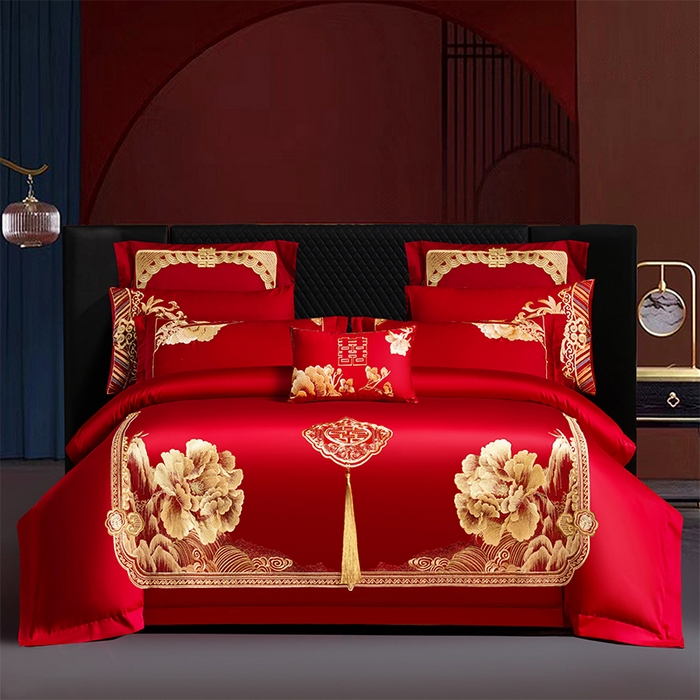 91家纺网 家纺一手货源 找家纺 振翼家纺婚庆专供 2025新款全棉长绒棉婚庆精致绣花四件套 玫瑰天使金