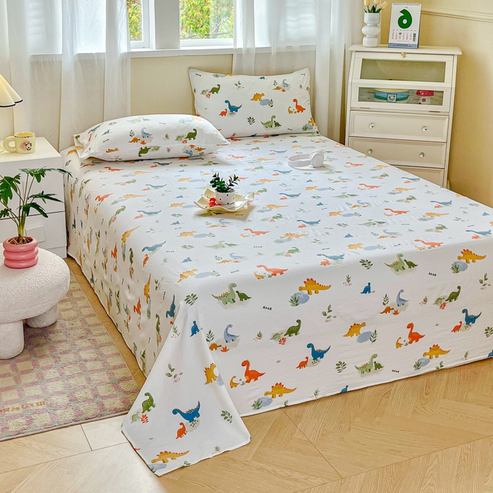 91家纺网 家纺一手货源 找家纺 优米家纺 2025新款ins小清新双层纱印花床单 恐龙乐园