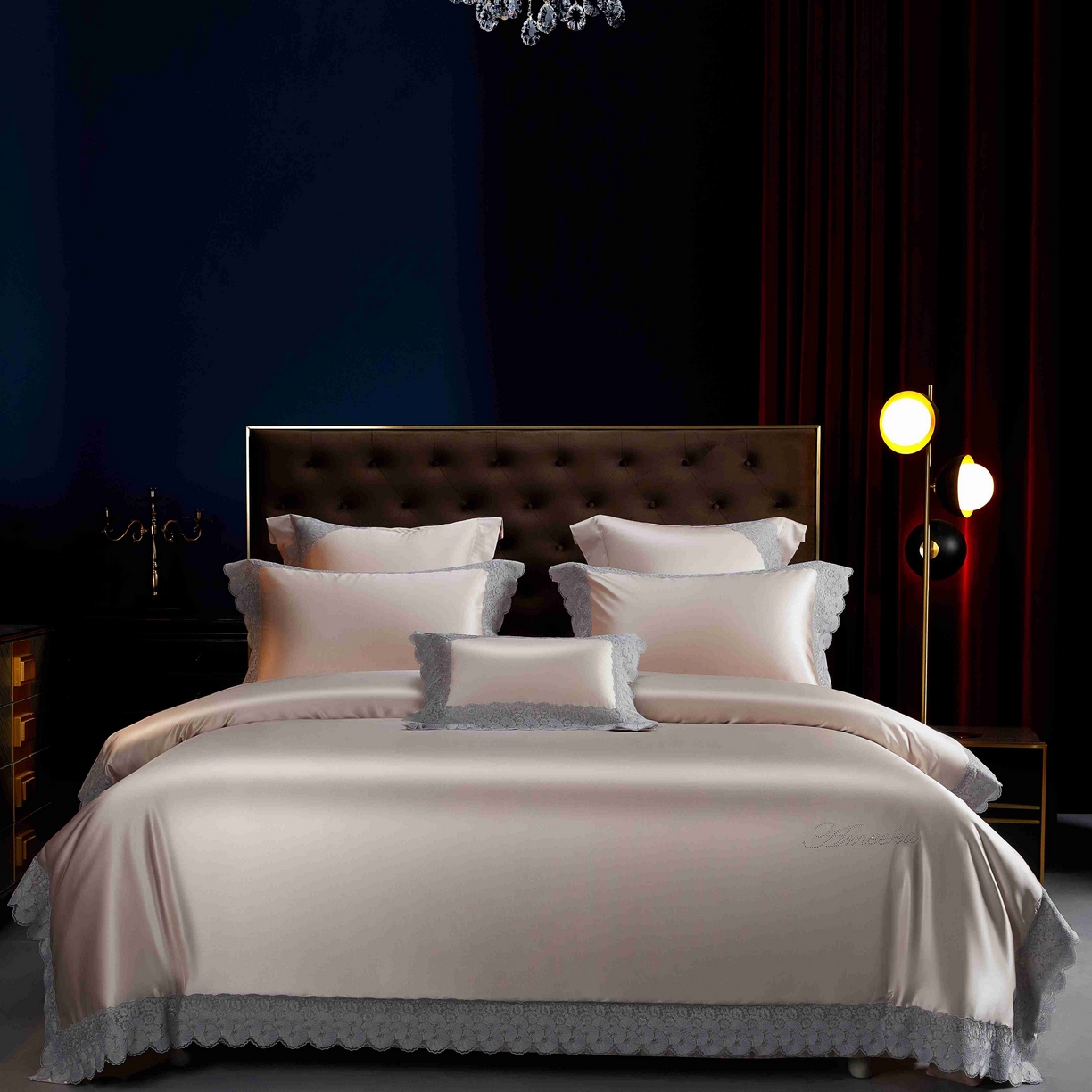 91家纺网 家纺一手货源 找家纺 缔缦 2025新款高端居家轻奢系列AB版真丝棉长绒棉四件套 繁星花语 粉金