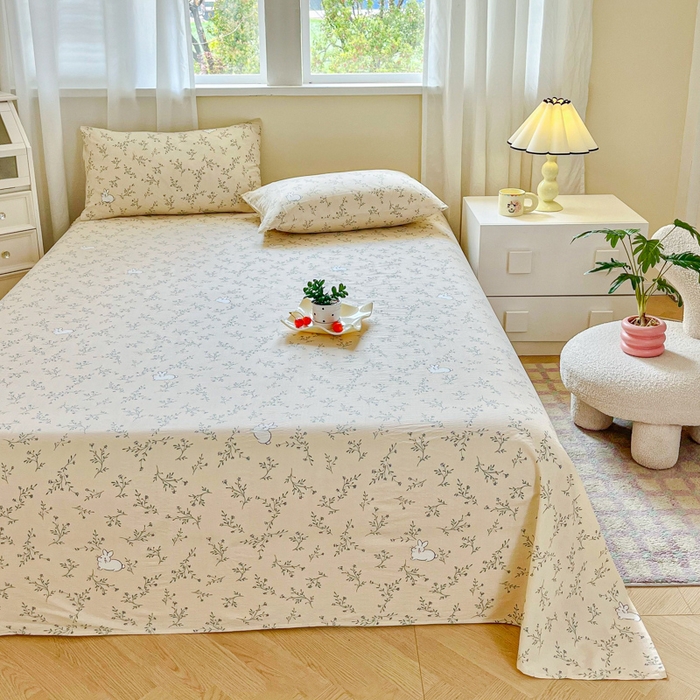 91家纺网 家纺一手货源 找家纺 优米家纺 2025新款ins小清新双层纱印花床单 铃兰兔兔