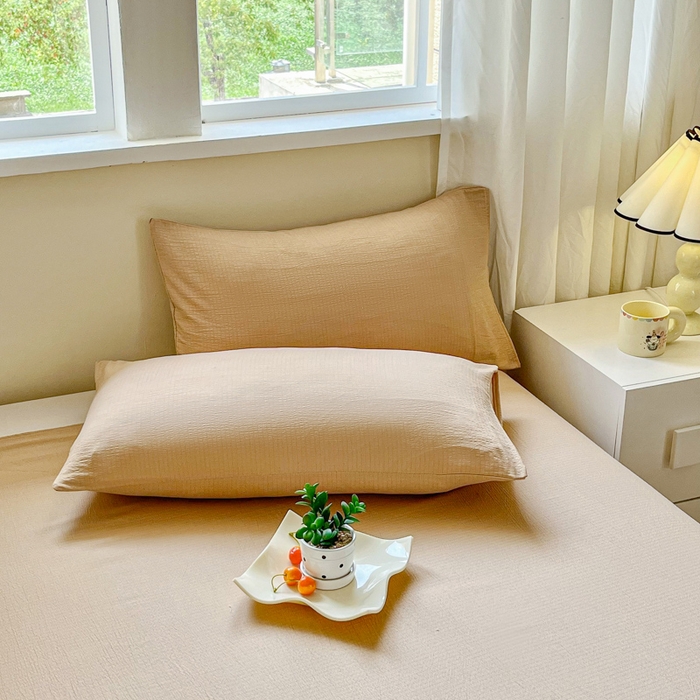 91家纺网 家纺一手货源 找家纺 优米家纺 2025新款ins小清新双层纱印花床单 焦糖