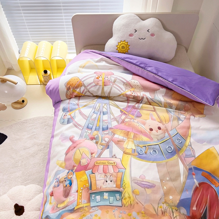 91家纺网 家纺一手货源 找家纺 梵赫 2025新款卡通全棉A类夹棉两用幼儿园儿童夏被被套 摩天轮-紫