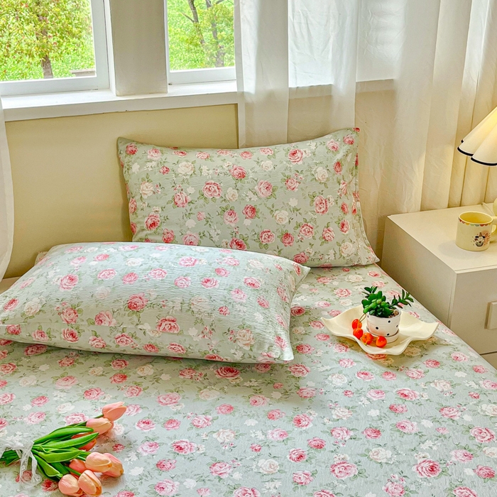 91家纺网 家纺一手货源 找家纺 优米家纺 2025新款ins小清新双层纱印花床单 牡丹花开