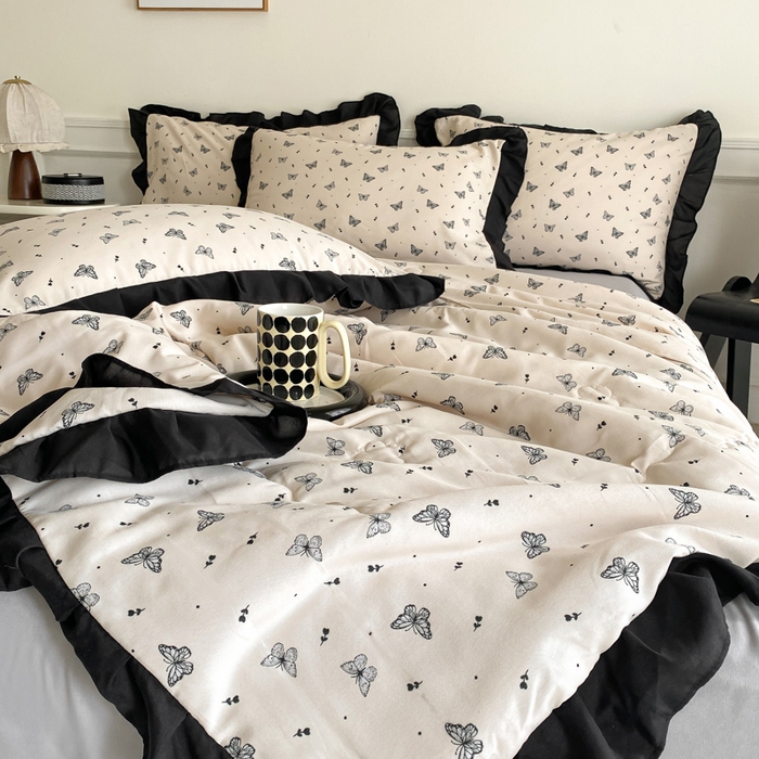 91家纺网 家纺一手货源 找家纺 乐沐家纺 2025新款法式花边夏被四件套 夏被-蝶舞