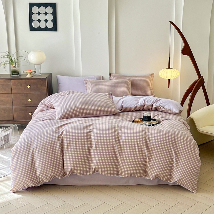 91家纺网 家纺一手货源 找家纺 优米家纺 2025新款色织双层纱木棉四件套 薰衣草紫+浅黄