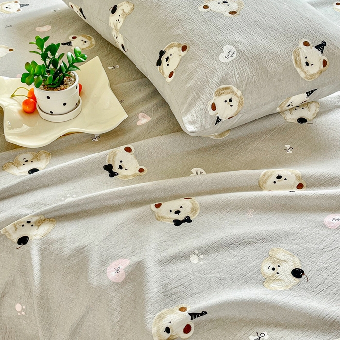 91家纺网 家纺一手货源 找家纺 优米家纺 2025新款ins小清新双层纱印花床单 爱心熊