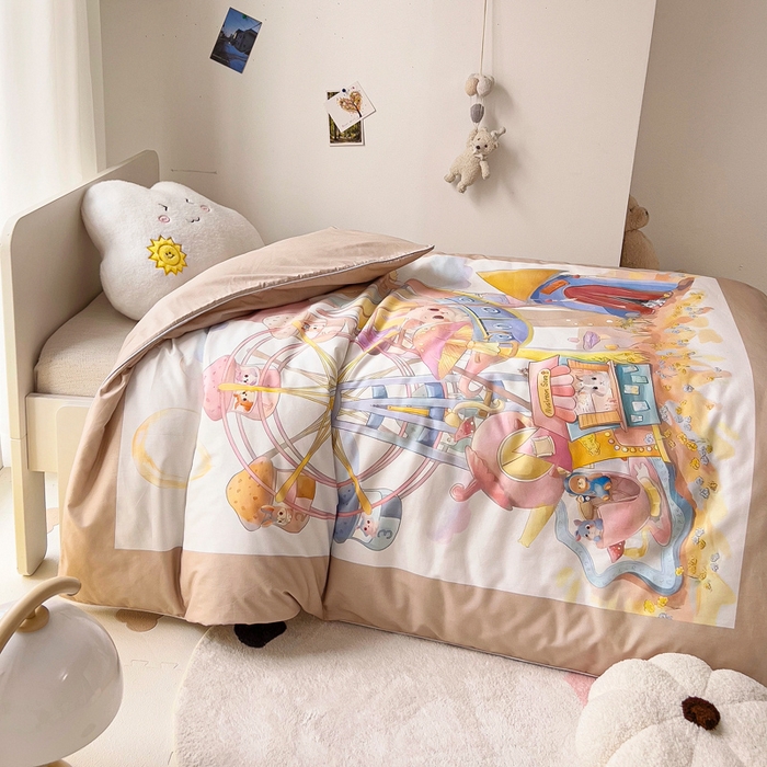 91家纺网 家纺一手货源 找家纺 梵赫 2025新款卡通全棉A类夹棉两用幼儿园儿童夏被被套 摩天轮-黄