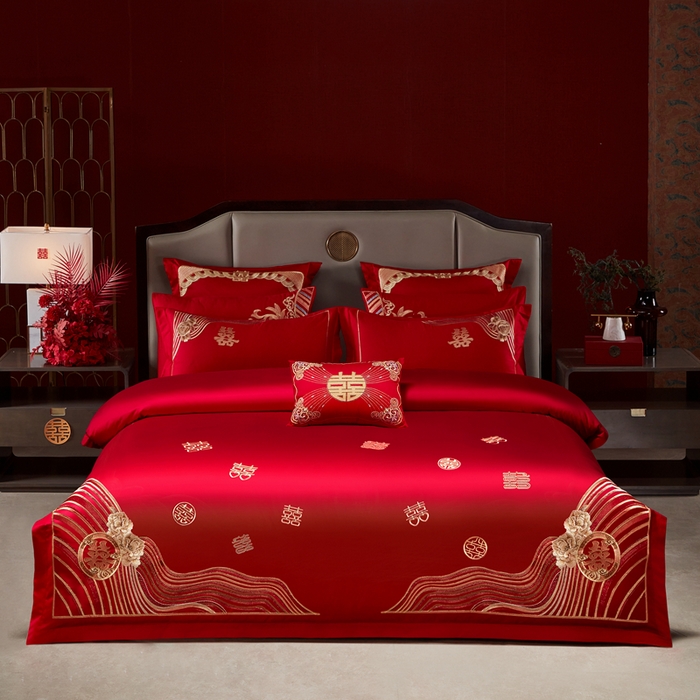 91家纺网 家纺一手货源 找家纺 振翼家纺婚庆专供 2025新款全棉长绒棉婚庆精致绣花四件套 喜相连金