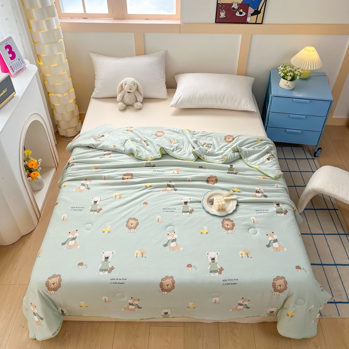 91家纺网 家纺一手货源 找家纺 龙图家纺 2025新款A类母婴针织棉夏被印花卡通凉感丝夏凉被空调被 动物王国