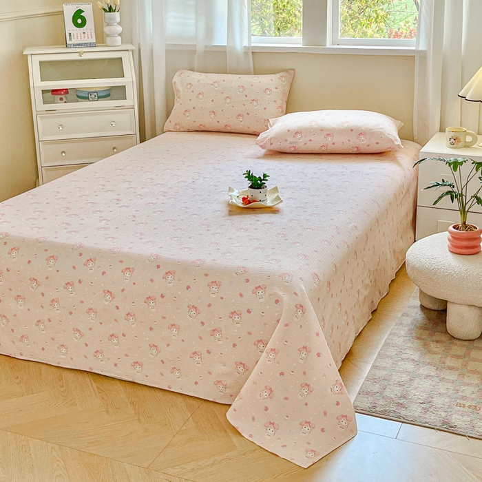 91家纺网 家纺一手货源 找家纺 优米家纺 2025新款ins小清新双层纱印花床单 美乐蒂