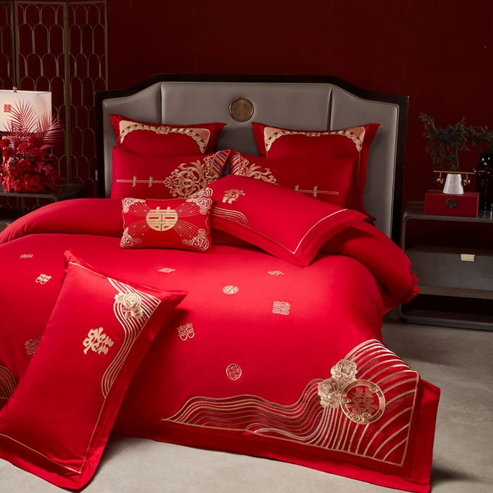 91家纺网 家纺一手货源 找家纺 振翼家纺婚庆专供 2025新款全棉长绒棉婚庆精致绣花四件套 喜相连金