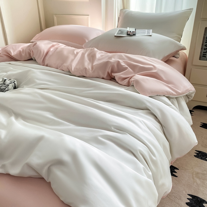91家纺网 家纺一手货源 找家纺 乐沐家纺 2024新款夏季水洗冰丝四件套水洗真丝纯色双拼单被套-风格二 奶油粉白