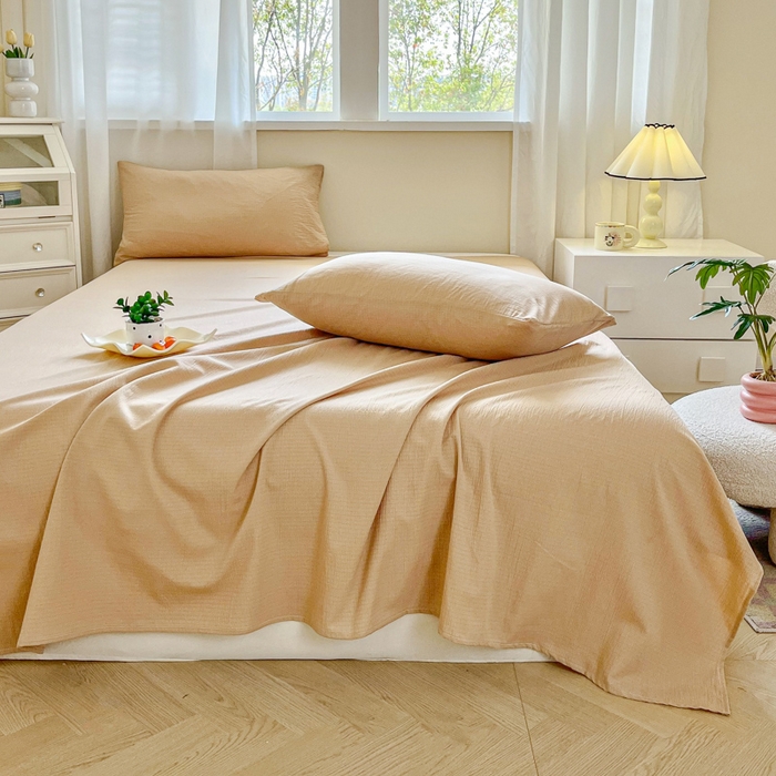 91家纺网 家纺一手货源 找家纺 优米家纺 2025新款ins小清新双层纱印花床单 焦糖