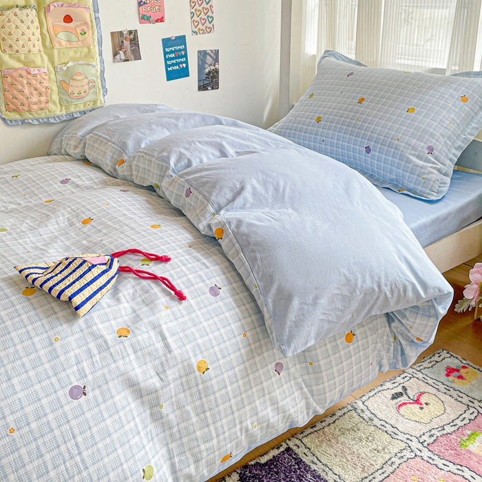 91家纺网 家纺一手货源 找家纺 卡普 2025新款爆款加厚卡通小清新全棉纯棉学生宿舍三件套床笠隔天可拿小橘柑