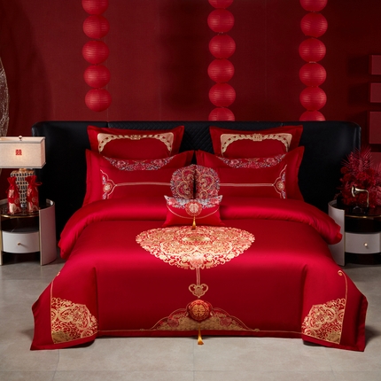 振翼家纺婚庆专供 2025新款全棉长绒棉婚庆精致绣花四件套 圆圆满满