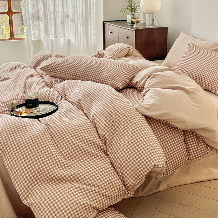 91家纺网 家纺一手货源 找家纺 优米家纺 2025新款色织双层纱木棉四件套 卡其小格