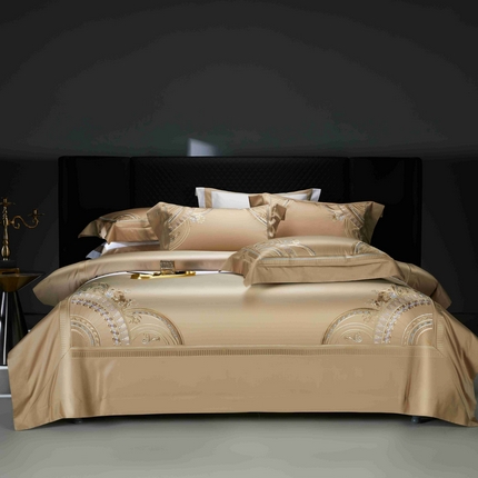 91家纺网 家纺一手货源 找家纺 2025新款高端定织面料S140长绒棉精梳棉重磅刺绣四件套巴赫系列 巴赫 卡其