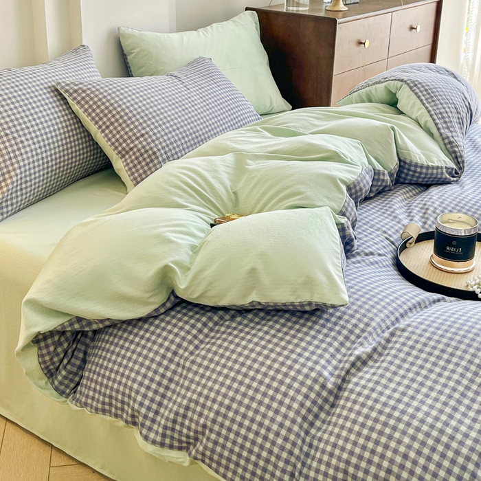 91家纺网 家纺一手货源 找家纺 优米家纺 2025新款色织双层纱木棉四件套 淡雅蓝+香草绿