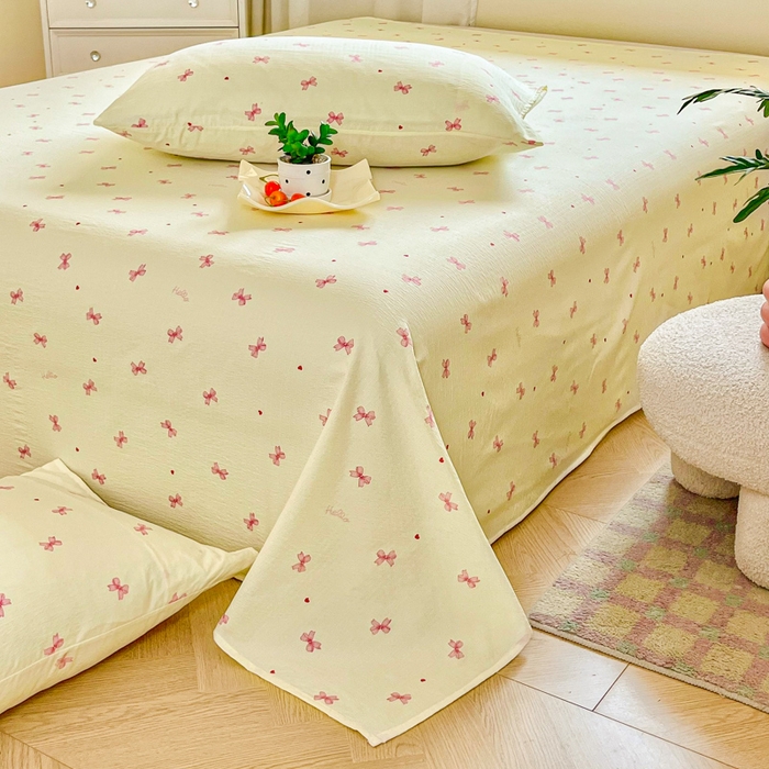 91家纺网 家纺一手货源 找家纺 优米家纺 2025新款ins小清新双层纱印花床单 蝴蝶结